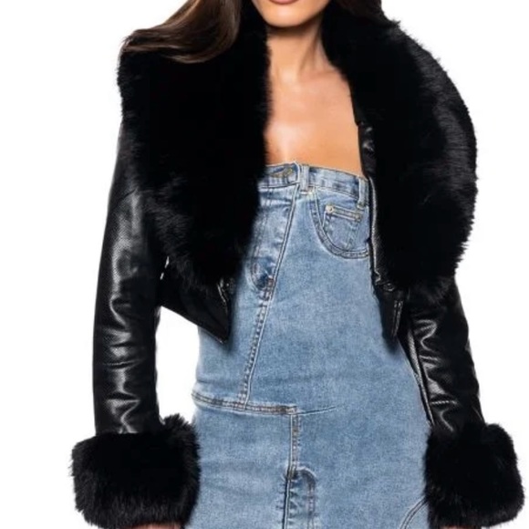 Faux Fur Crop Croc Moto Jacket in Black - Picture 6 of 7